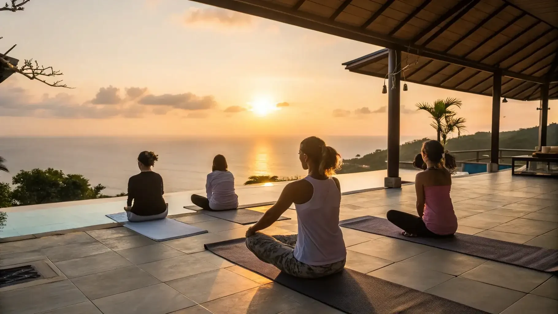 Four people sit cross-legged on mats on a covered open-air terrace, facing the sea with the sun low on the horizon.